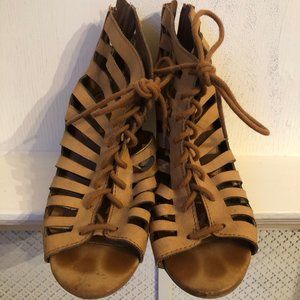 Tan Lace-up Gladiator Peeptoe Heels
